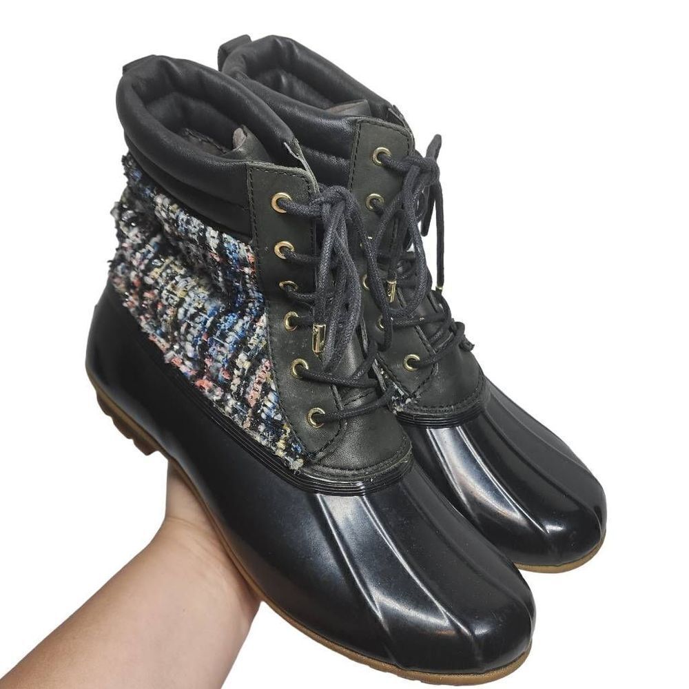 Sam Edelman Women's Black Caldwell Woven Textured Lace-Up Rain Duck Boots Size 9
